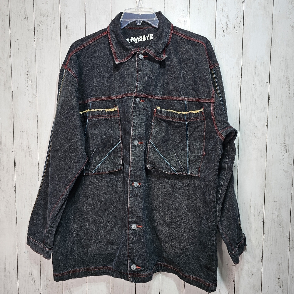 Vintage Counter Attack Men's Black Frayed Embroidered Denim Jacket Size XL 90's.